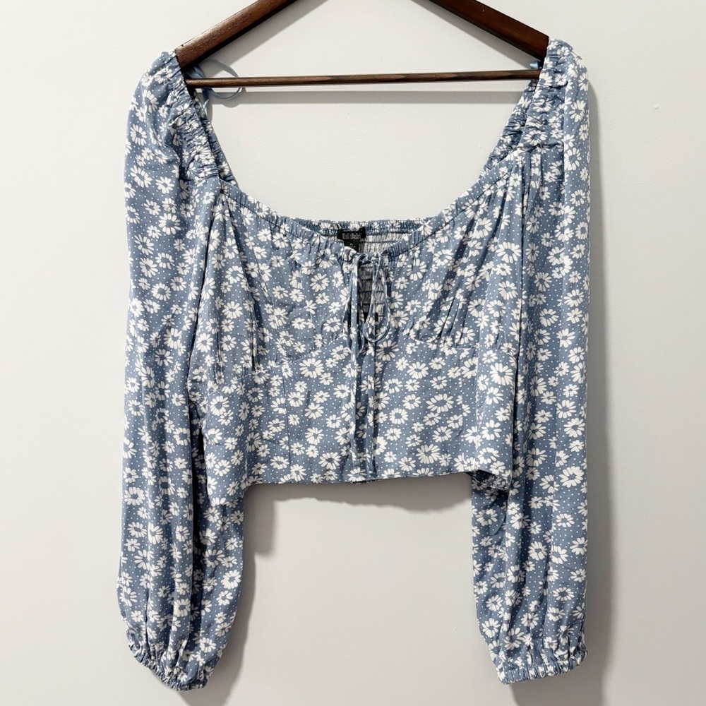 Wild Fable Floral Peasant Top Womens Sz XL Blue White Cropped Long Sleeve Boho‎